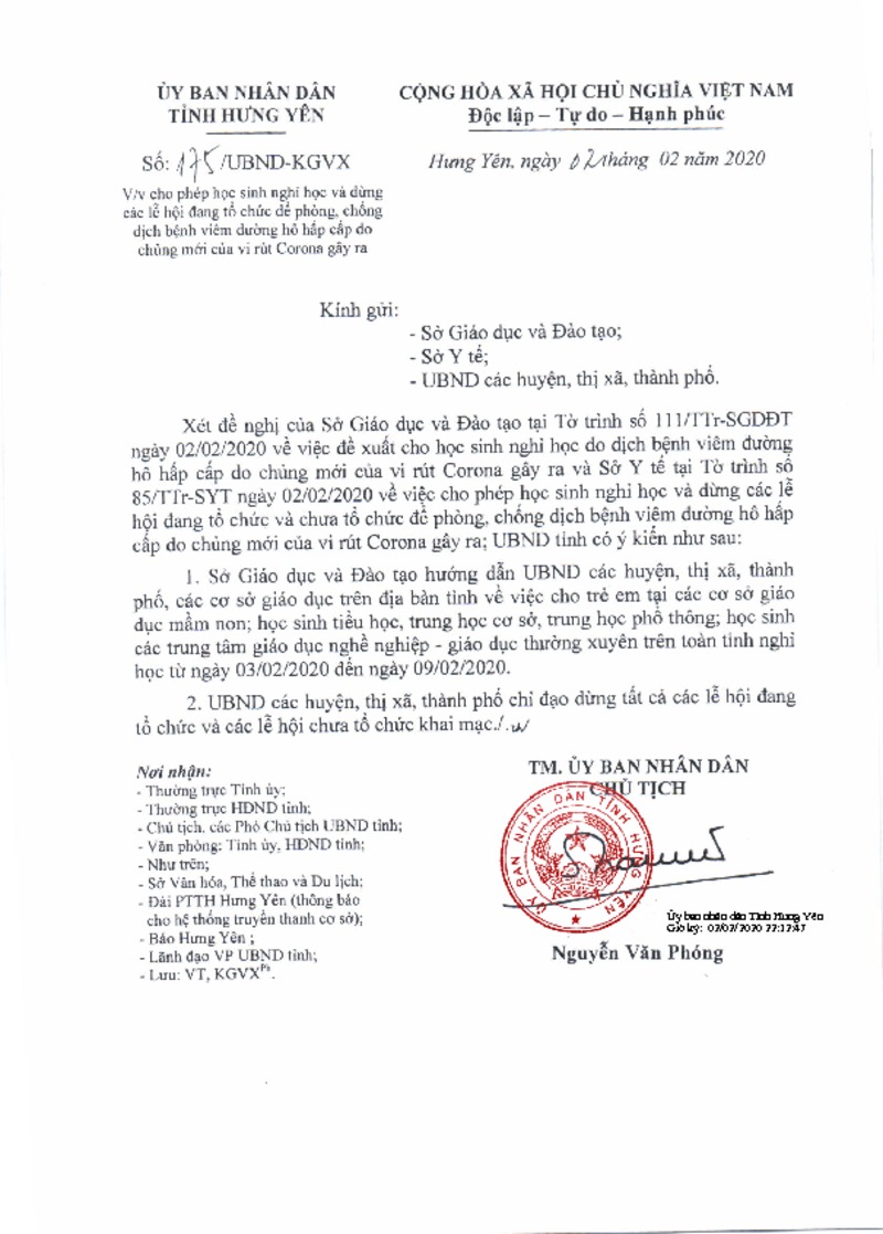 Công văn Số: 175/UBND-KGVX của Ủy ban nhân dân tỉnh Hưng Uyên